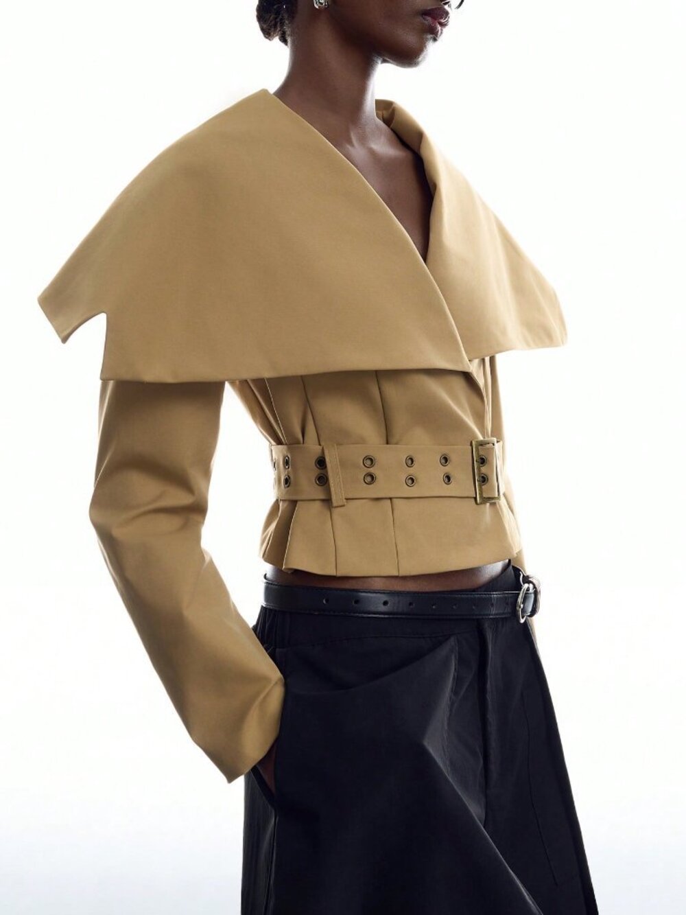 Khaki Casual Women's Large Lapel Waist Eyelet Buckle Trench Coat - Picture 5 of 8